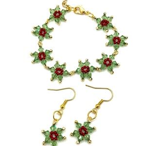 HAND CRAFTED Green Crystal Christmas Bracelet and Earrings Set